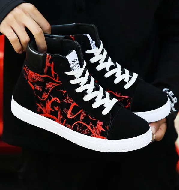 Korean edition men's high top shoes pig leather non-slip sole black blue red size 39-44