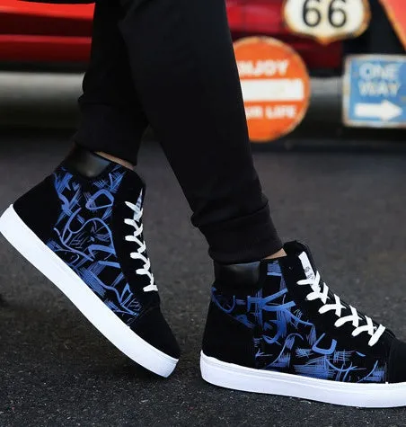 Korean edition men's high top shoes pig leather non-slip sole black blue red size 39-44