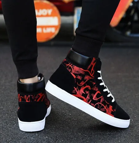 Korean edition men's high top shoes pig leather non-slip sole black blue red size 39-44