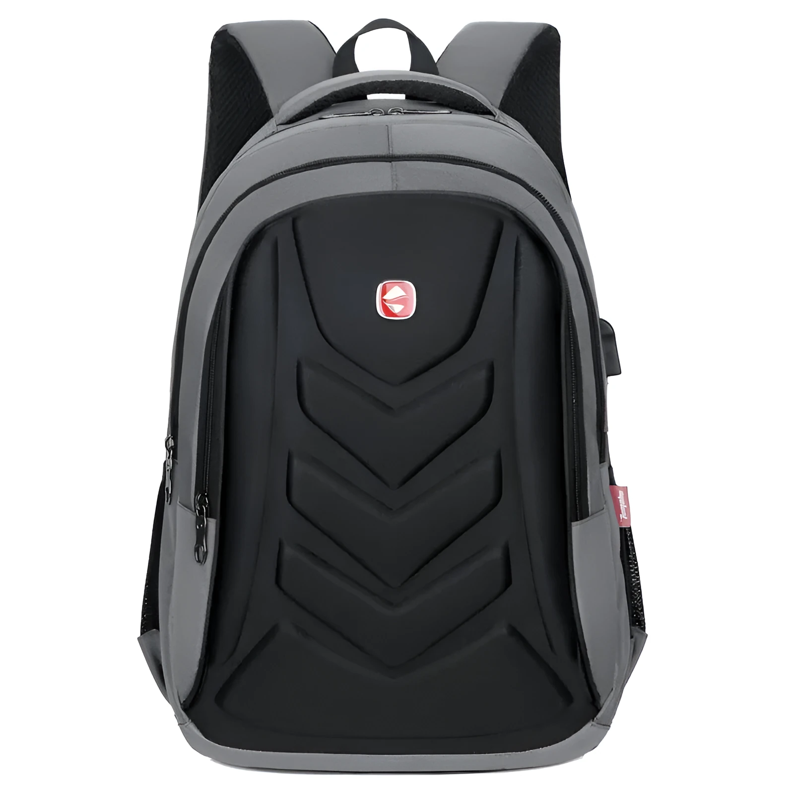 Hard shell computer backpack in purple, showing square vertical section shape on a plain background