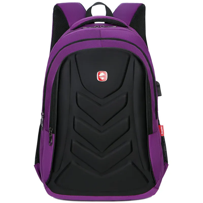 Hard shell computer backpack in purple, showing square vertical section shape on a plain background