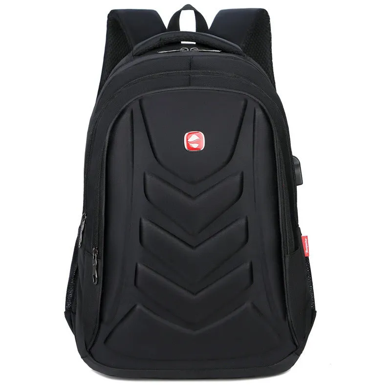 Hard shell computer backpack in purple, showing square vertical section shape on a plain background