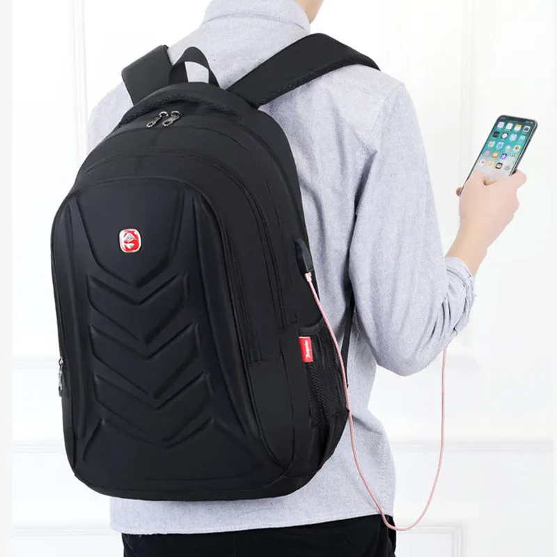 Hard shell computer backpack in purple, showing square vertical section shape on a plain background