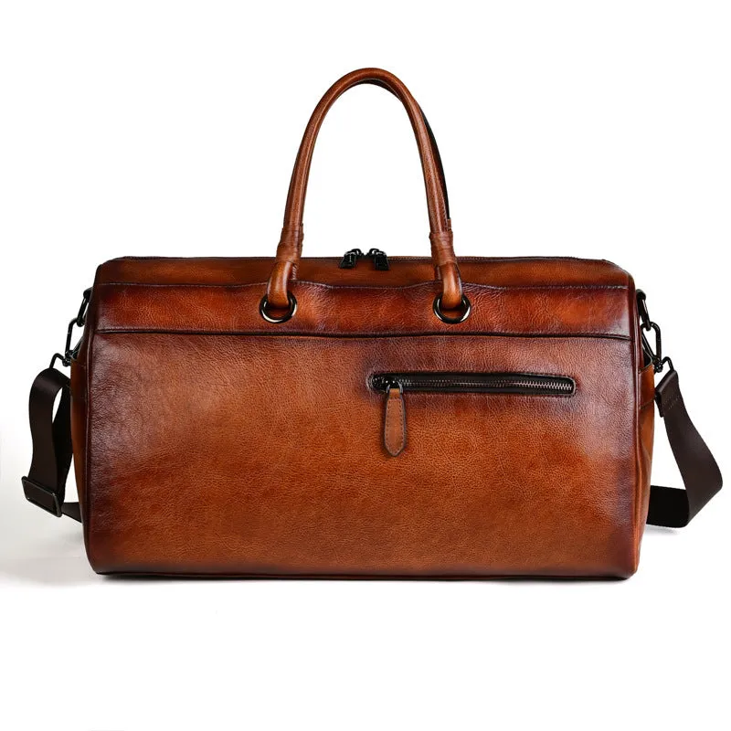 Handmade retro leather bag in vintage brown with 20L capacity and genuine leather construction
