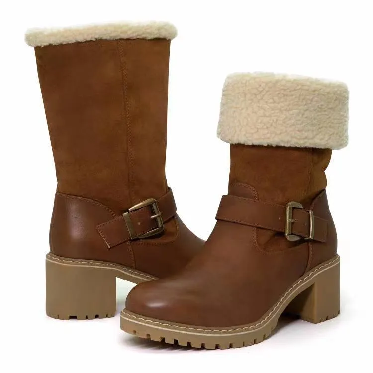 Women's fashion boots with buckle chunky heel round toe faux fur lined Western style in black coffee and light brown