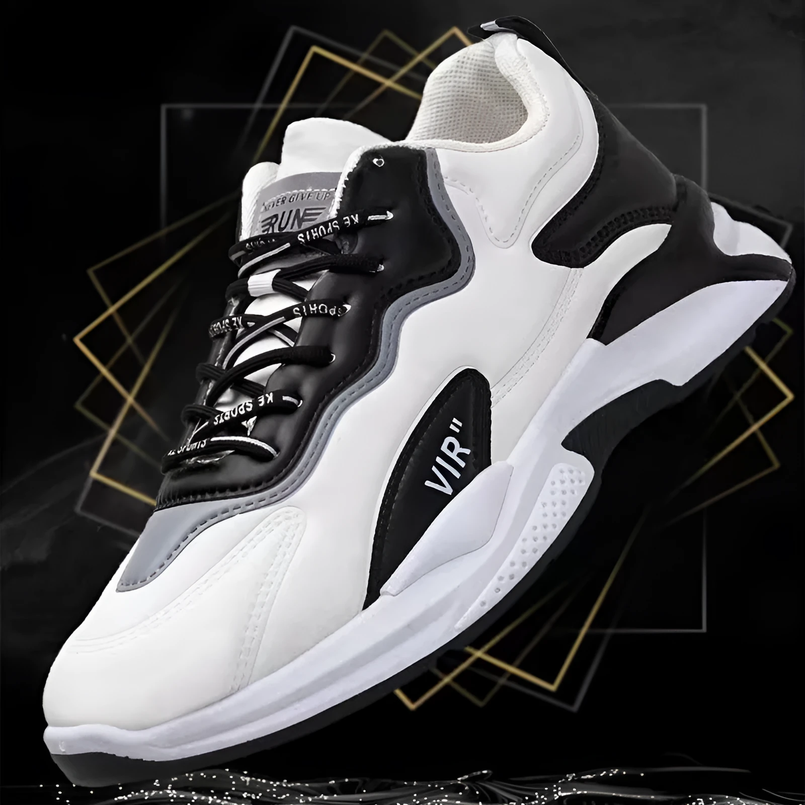Black white lace-up sneakers for men with synthetic leather upper and mesh lining