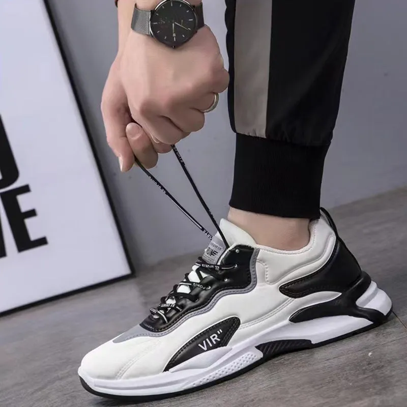 Black white lace-up sneakers for men with synthetic leather upper and mesh lining