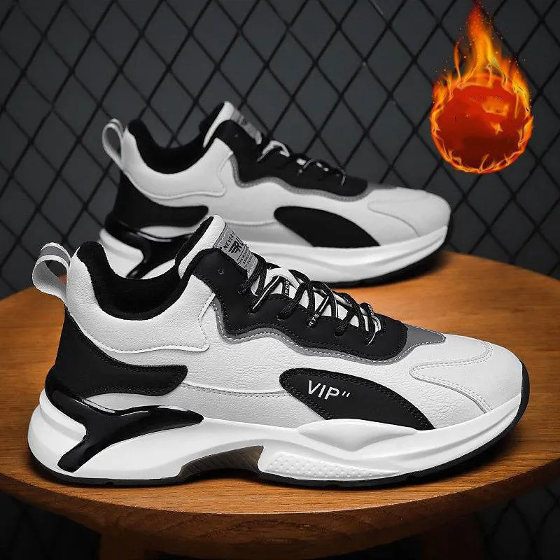 Black white lace-up sneakers for men with synthetic leather upper and mesh lining