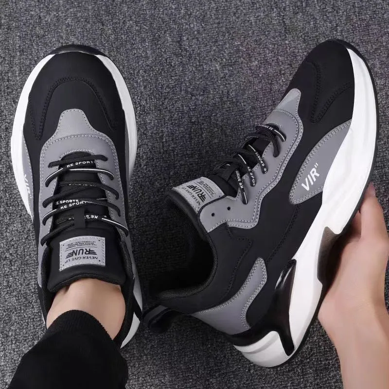 Black white lace-up sneakers for men with synthetic leather upper and mesh lining