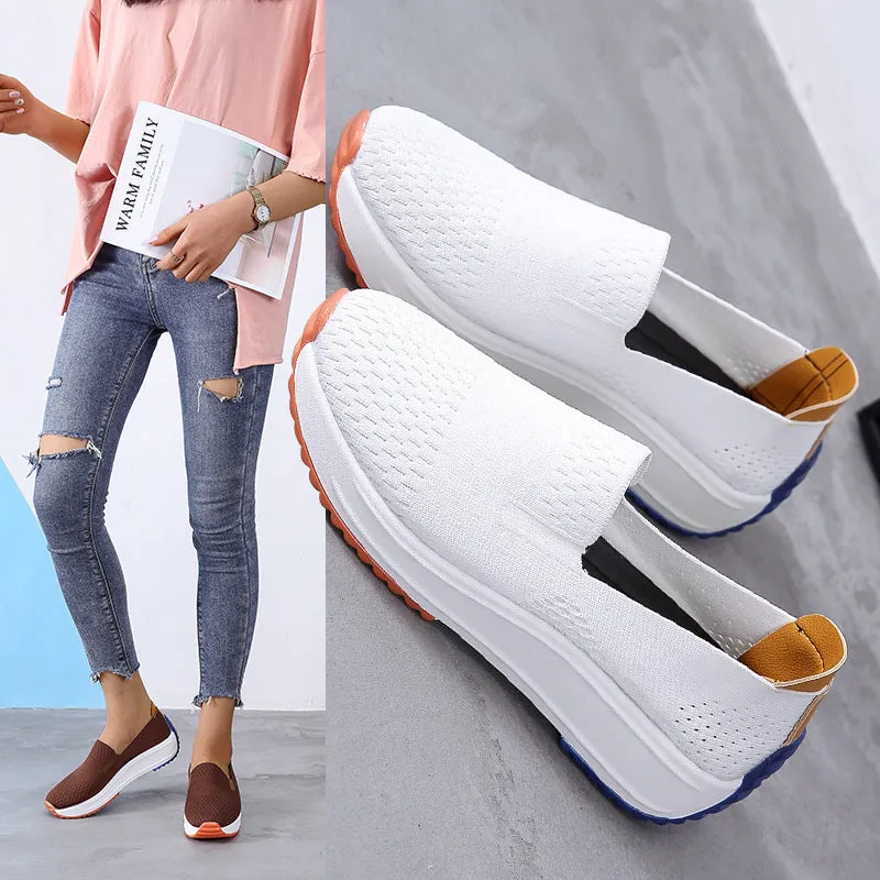Women's lightweight mesh running shoes in white with composite sole, side view