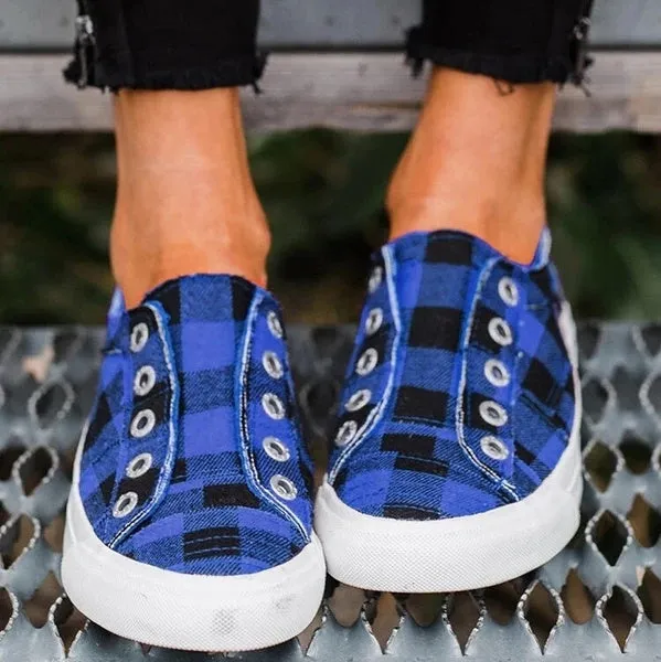 Women canvas lace-up sneakers in Blue Red and White colours with rubber sole
