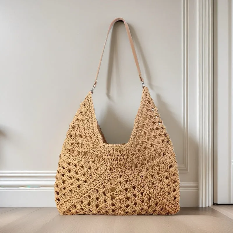 Handmade straw woven hollow contrast colour weave women's shoulder bag with polyester lining in khaki beige