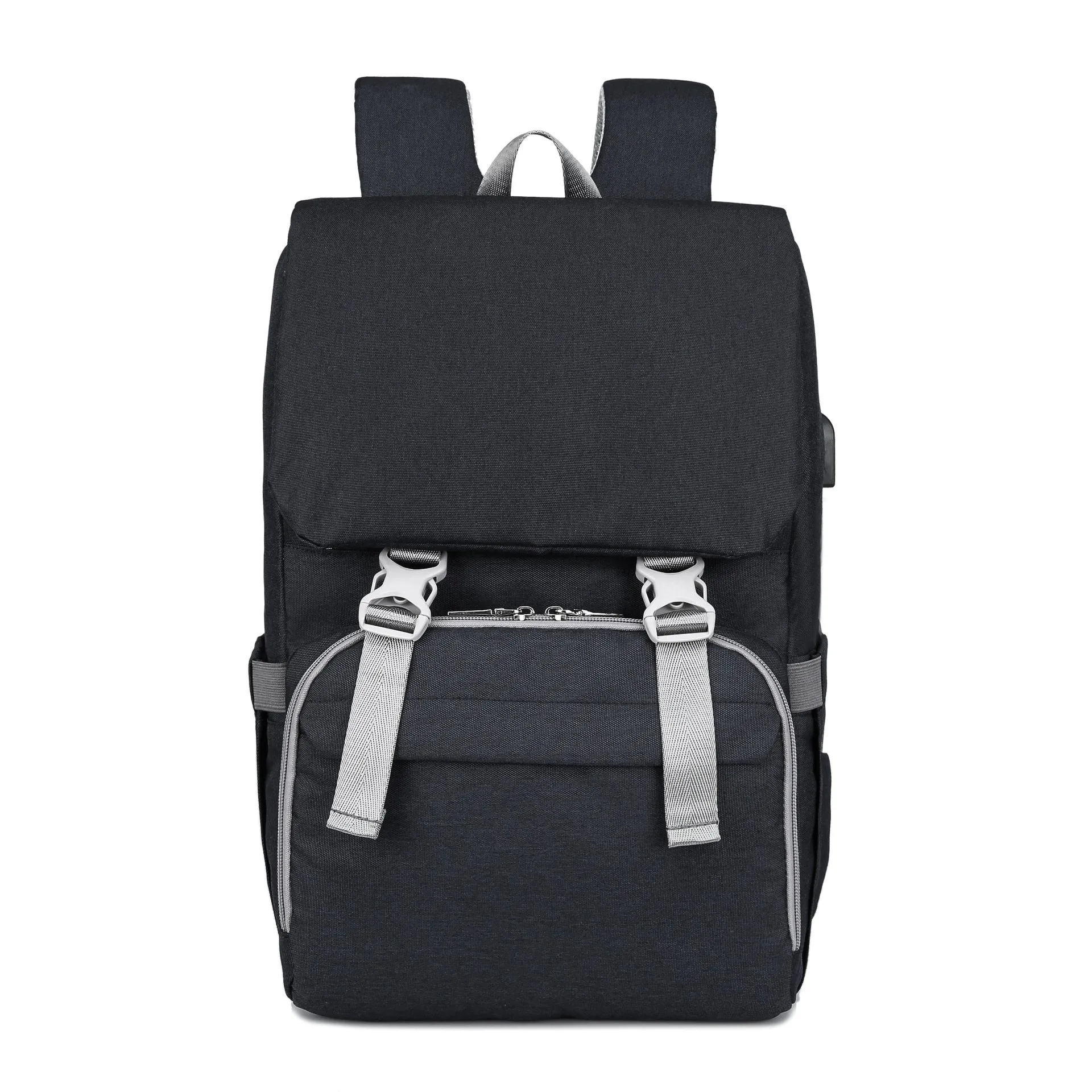 New style double shoulder mommy bag in black with USB port and large capacity