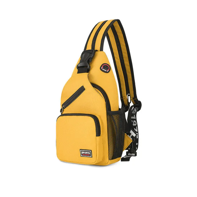 Hot sports chest bag for women in Oxford cloth, available in multiple colours including black and pink, with solid colour and car stitching detail.
