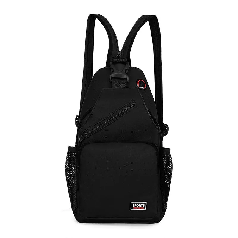 Hot sports chest bag for women in Oxford cloth, available in multiple colours including black and pink, with solid colour and car stitching detail.