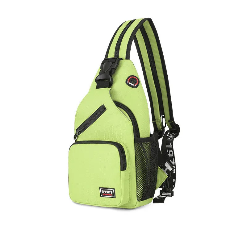 Hot sports chest bag for women in Oxford cloth, available in multiple colours including black and pink, with solid colour and car stitching detail.
