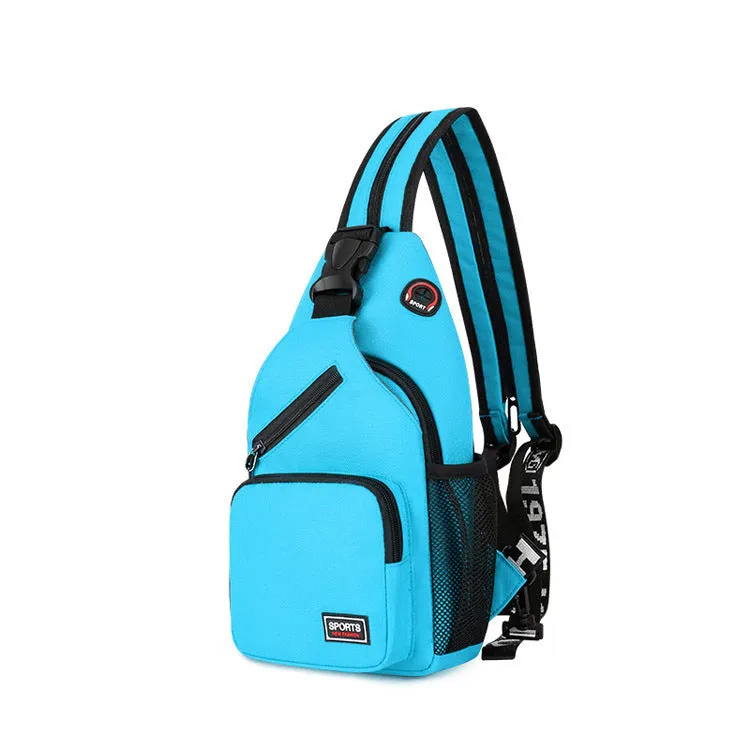 Hot sports chest bag for women in Oxford cloth, available in multiple colours including black and pink, with solid colour and car stitching detail.