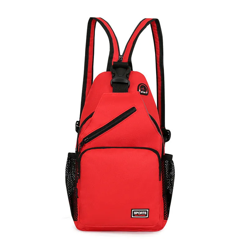 Hot sports chest bag for women in Oxford cloth, available in multiple colours including black and pink, with solid colour and car stitching detail.