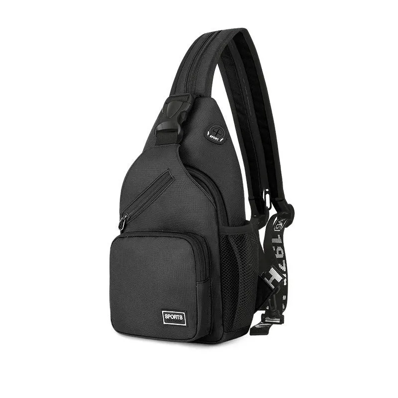 Hot sports chest bag for women in Oxford cloth, available in multiple colours including black and pink, with solid colour and car stitching detail.