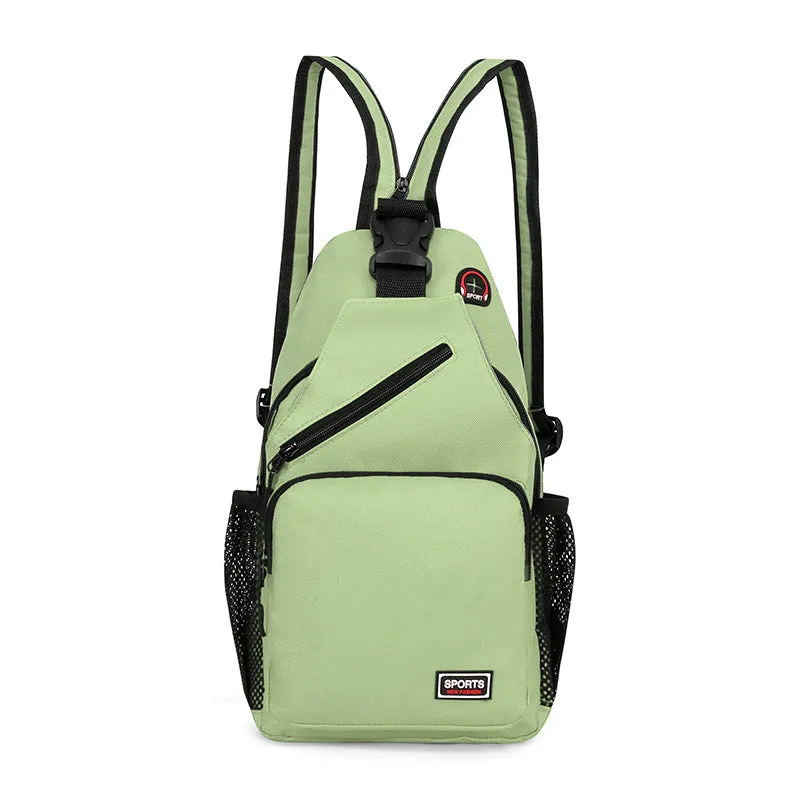 Hot sports chest bag for women in Oxford cloth, available in multiple colours including black and pink, with solid colour and car stitching detail.