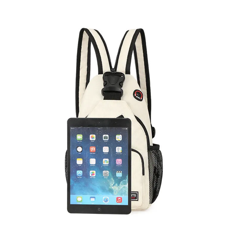 Hot sports chest bag for women in Oxford cloth, available in multiple colours including black and pink, with solid colour and car stitching detail.