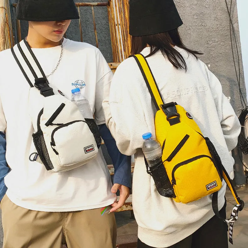 Hot sports chest bag for women in Oxford cloth, available in multiple colours including black and pink, with solid colour and car stitching detail.
