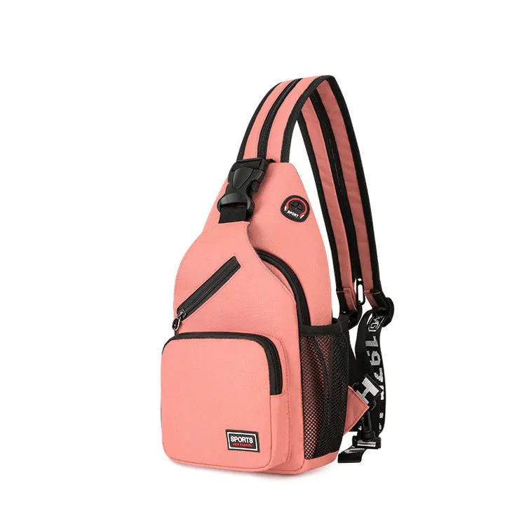 Hot sports chest bag for women in Oxford cloth, available in multiple colours including black and pink, with solid colour and car stitching detail.