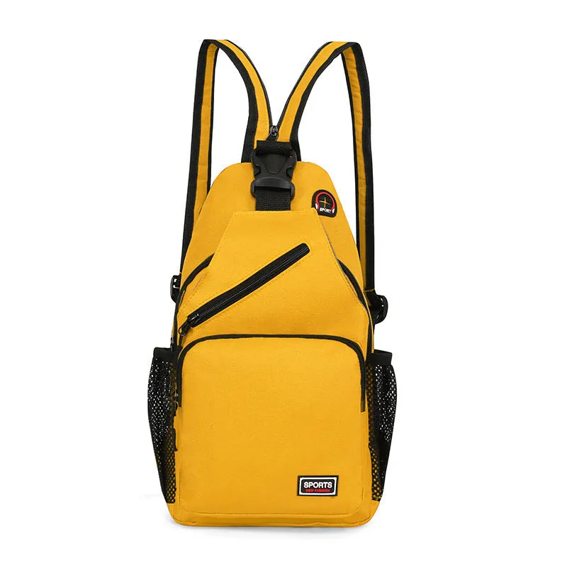 Hot sports chest bag for women in Oxford cloth, available in multiple colours including black and pink, with solid colour and car stitching detail.