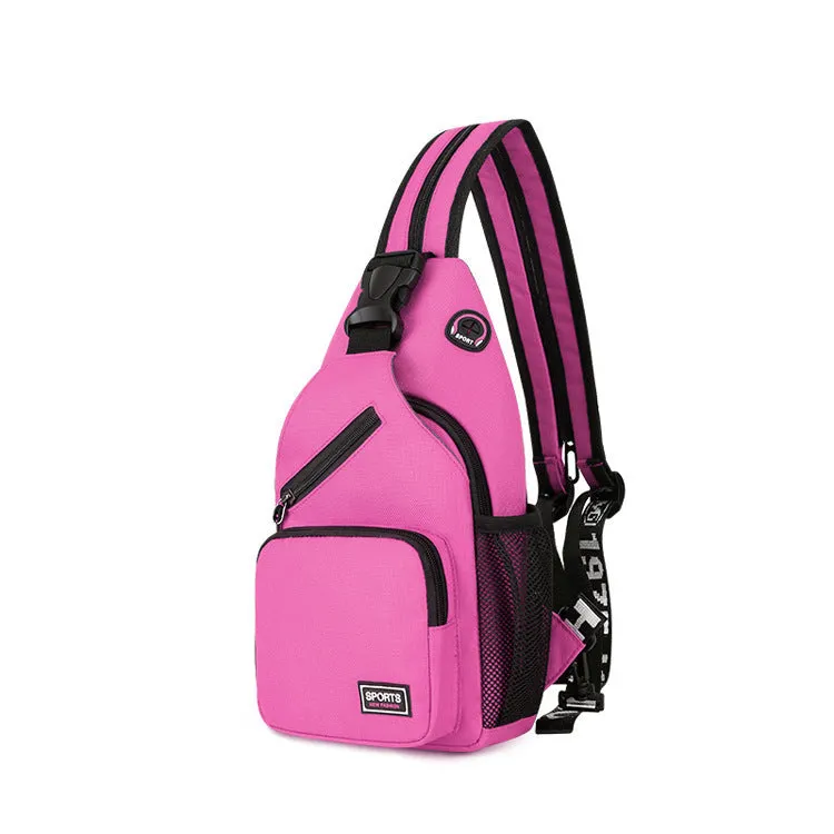 Hot sports chest bag for women in Oxford cloth, available in multiple colours including black and pink, with solid colour and car stitching detail.