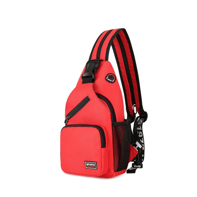 Hot sports chest bag for women in Oxford cloth, available in multiple colours including black and pink, with solid colour and car stitching detail.