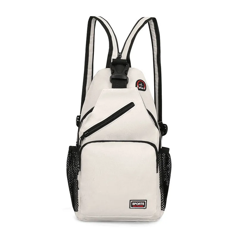 Hot sports chest bag for women in Oxford cloth, available in multiple colours including black and pink, with solid colour and car stitching detail.