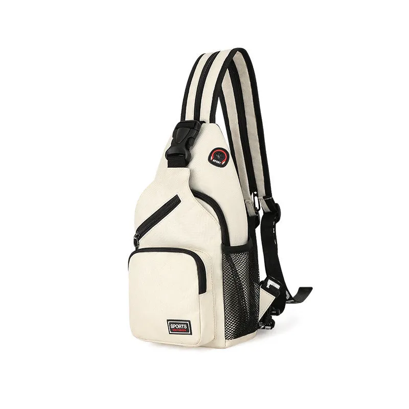 Hot sports chest bag for women in Oxford cloth, available in multiple colours including black and pink, with solid colour and car stitching detail.