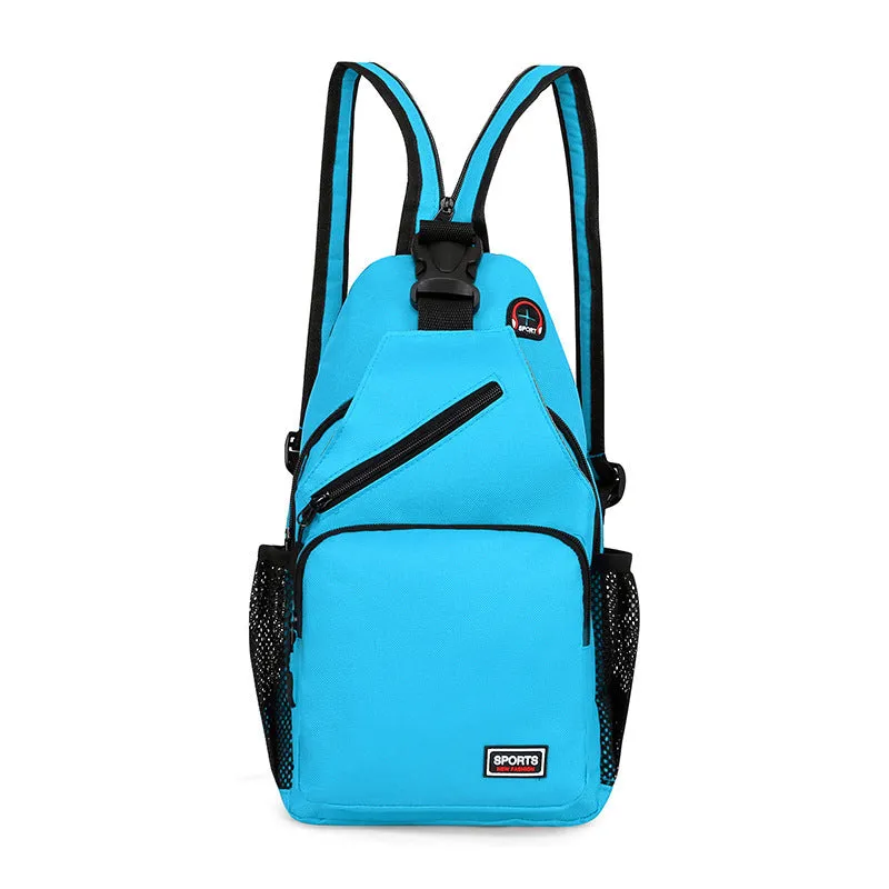 Hot sports chest bag for women in Oxford cloth, available in multiple colours including black and pink, with solid colour and car stitching detail.
