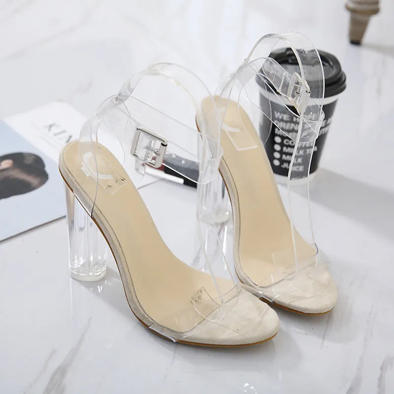 Transparent high heel pumps in apricot colour for women, round toe, artificial PU upper, sizes 35 to 42