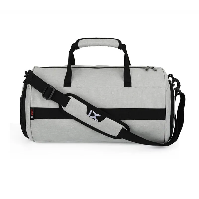 Men sports training bag in black waterproof nylon L size with dry wet separation and trolley strap
