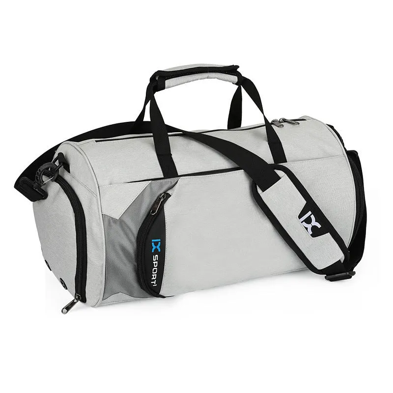 Men sports training bag in black waterproof nylon L size with dry wet separation and trolley strap
