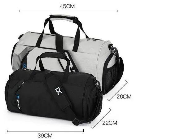 Men sports training bag in black waterproof nylon L size with dry wet separation and trolley strap