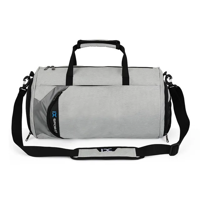 Men sports training bag in black waterproof nylon L size with dry wet separation and trolley strap