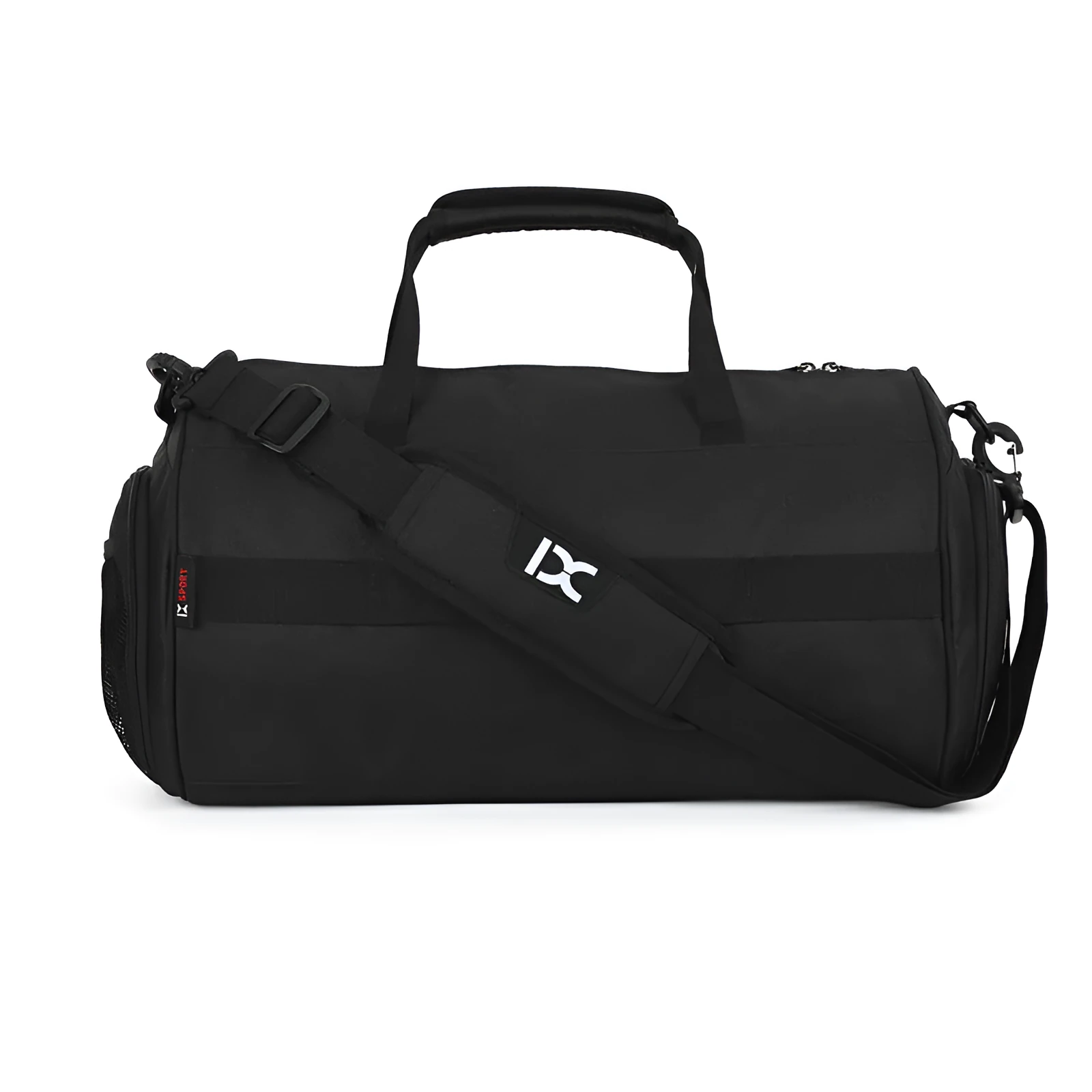 Men sports training bag in black waterproof nylon L size with dry wet separation and trolley strap