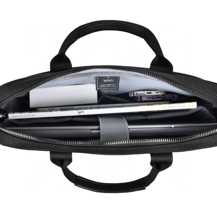 Black oxford cloth multi-pocket laptop handbag shown open, revealing separate padded computer layer and internal organisers.