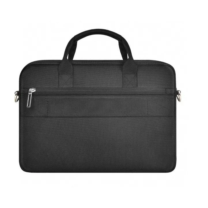 Black oxford cloth multi-pocket laptop handbag shown open, revealing separate padded computer layer and internal organisers.