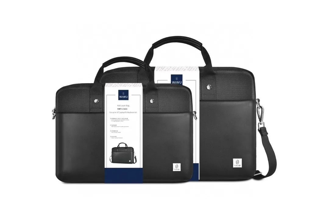 Black oxford cloth multi-pocket laptop handbag shown open, revealing separate padded computer layer and internal organisers.