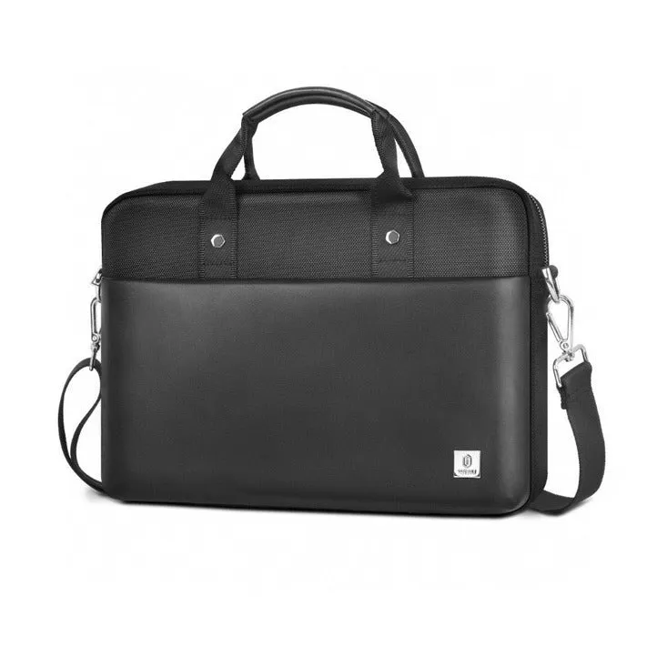 Black oxford cloth multi-pocket laptop handbag shown open, revealing separate padded computer layer and internal organisers.