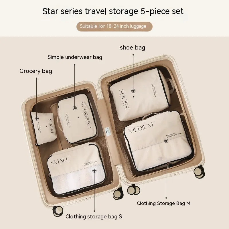 Travel storage bag set with multiple PP packing bags for clothing, underwear, shoes, and sundries