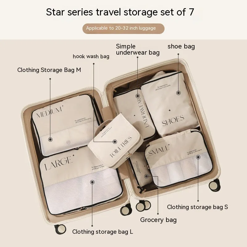 Travel storage bag set with multiple PP packing bags for clothing, underwear, shoes, and sundries