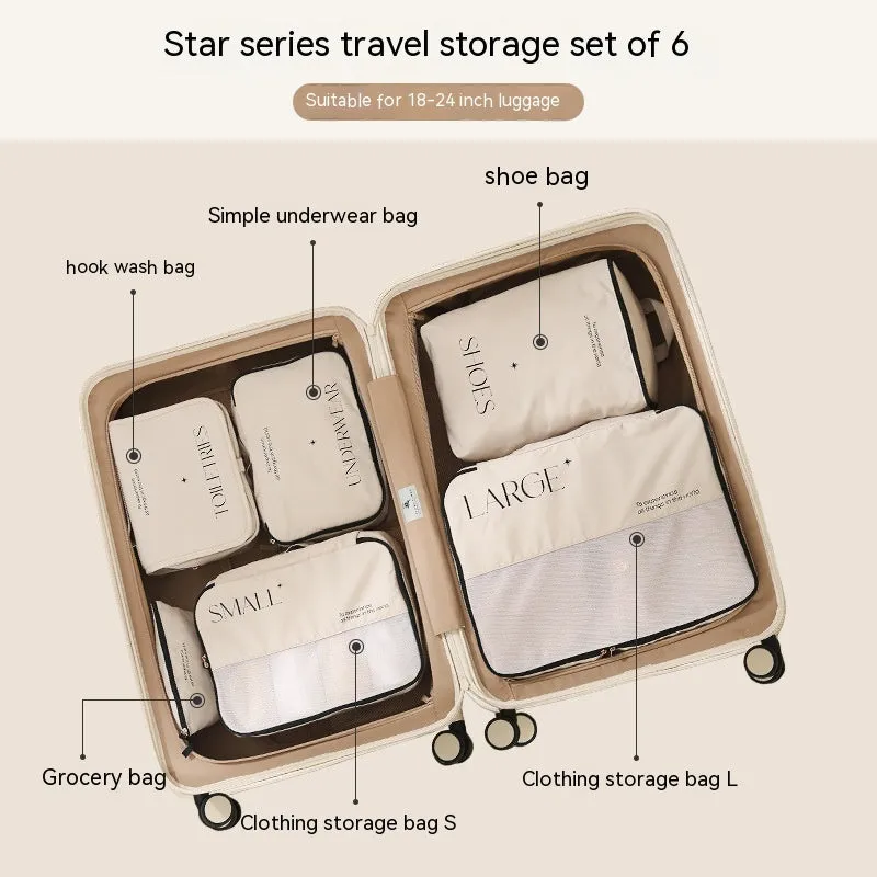 Travel storage bag set with multiple PP packing bags for clothing, underwear, shoes, and sundries