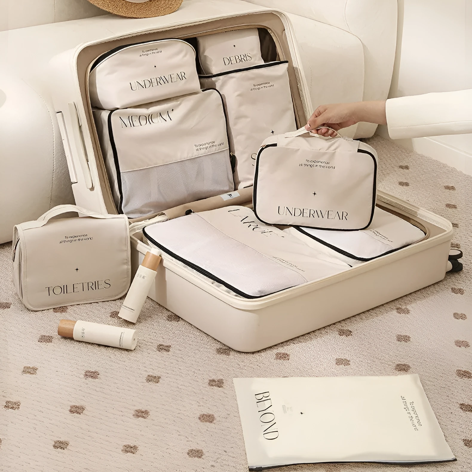 Travel storage bag set with multiple PP packing bags for clothing, underwear, shoes, and sundries