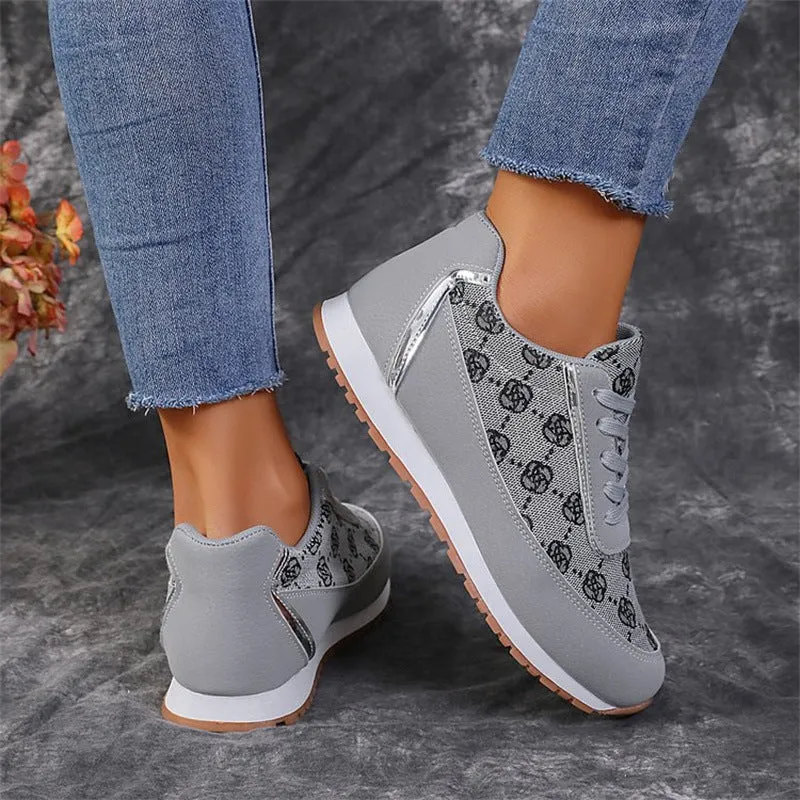 Women's flower print lace-up sneakers in camel, round toe, flat heel, artificial PU upper with rubber sole