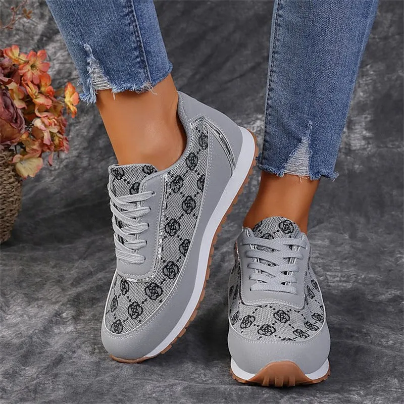 Women's flower print lace-up sneakers in camel, round toe, flat heel, artificial PU upper with rubber sole