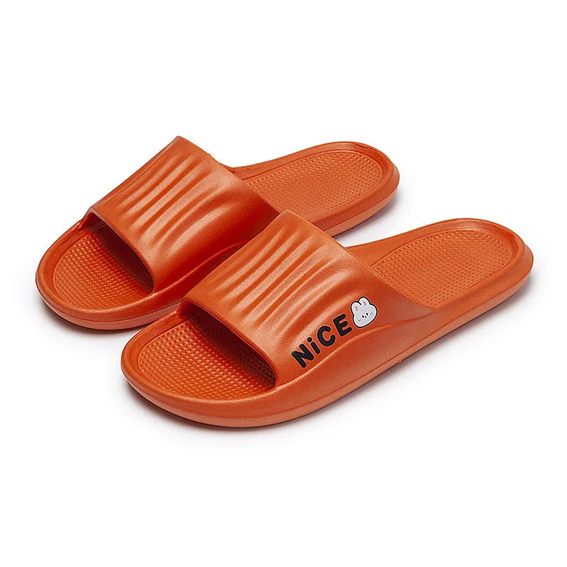 Adult unisex EVA cartoon pattern flip flop slippers in black, shown from above.
